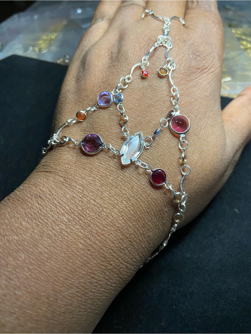 Multi-Gemstone Silver Hand Bracelet - Pink & Purple Stones